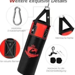 Boxsack Set mit 8oz Boxhandschuhen Handschlaufen Tasche Punchingsack für Kinder und Erwachsene Schwarz + Rot