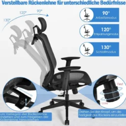 Bürostuhl auf Rollen Ergonomischer Netz Bürostuhl Gamingstuhl 68 x 68 x 114,5-124,5 cm Schwarz