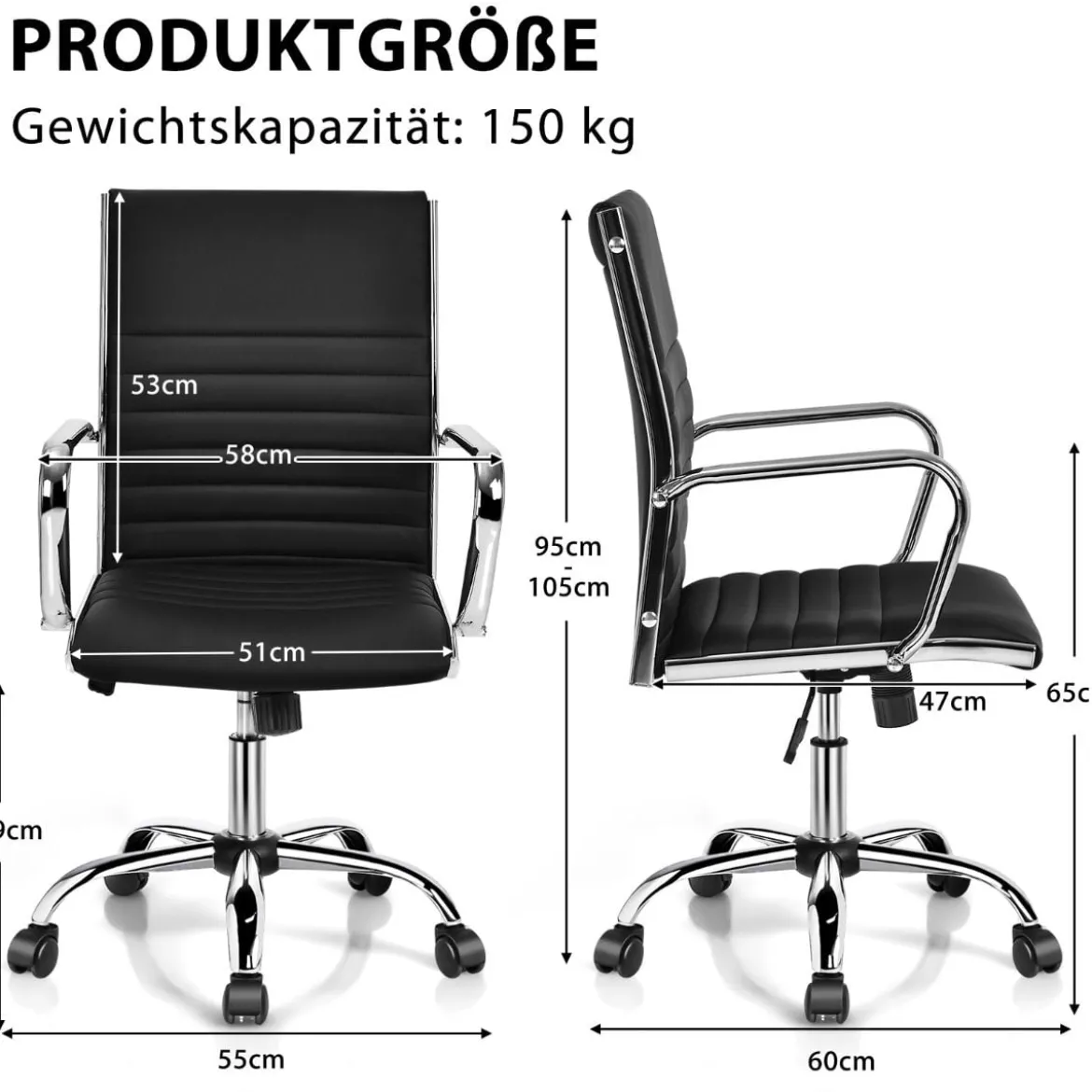 Bürostuhl drehbarer Leder-Konferenzstuhl höhenverstellbarer Arbeitsstuhl 55 x 60 x 95-105 cm Schwarz