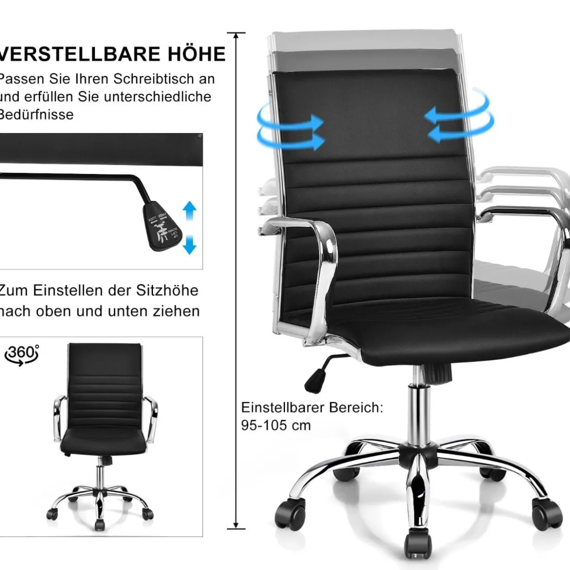 Bürostuhl drehbarer Leder-Konferenzstuhl höhenverstellbarer Arbeitsstuhl 55 x 60 x 95-105 cm Schwarz