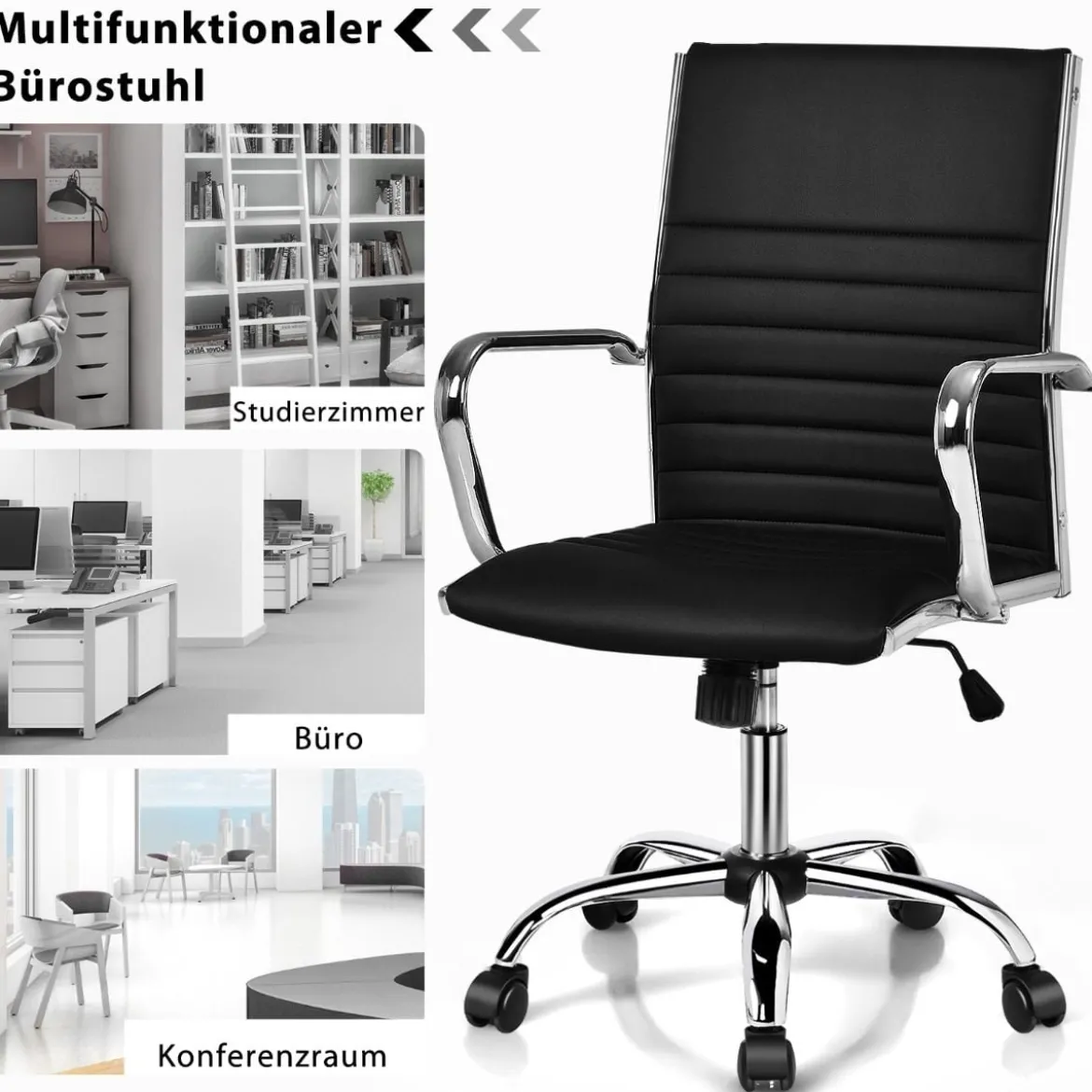 Bürostuhl drehbarer Leder-Konferenzstuhl höhenverstellbarer Arbeitsstuhl 55 x 60 x 95-105 cm Schwarz
