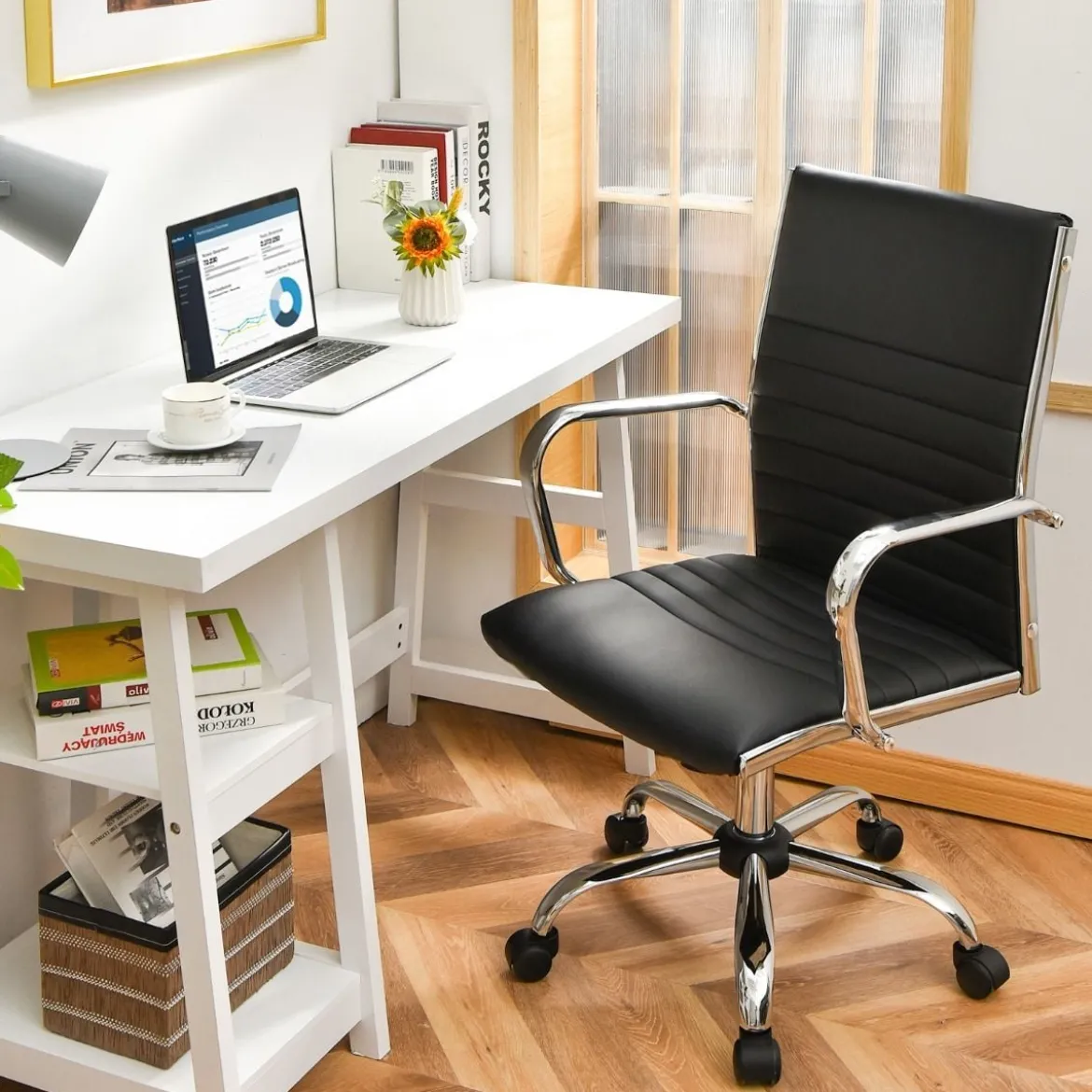 Bürostuhl drehbarer Leder-Konferenzstuhl höhenverstellbarer Arbeitsstuhl 55 x 60 x 95-105 cm Schwarz