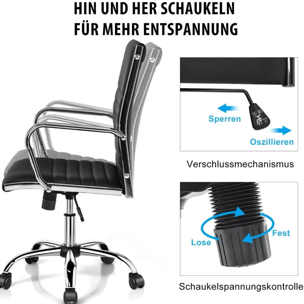Bürostuhl drehbarer Leder-Konferenzstuhl höhenverstellbarer Arbeitsstuhl 55 x 60 x 95-105 cm Schwarz