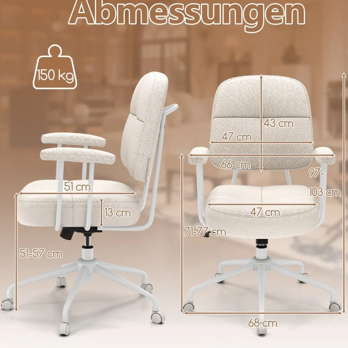 Bürostuhl ergonomischer Drehstuhl mit Armlehnen & Rollen Computerstuhl gepolstert Beige