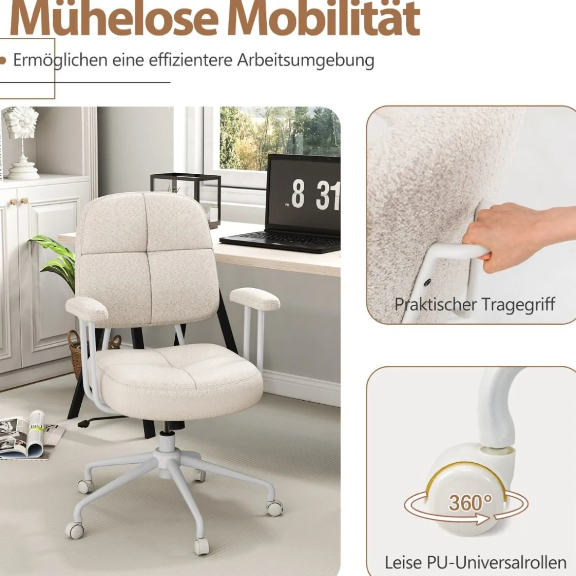 Bürostuhl ergonomischer Drehstuhl mit Armlehnen & Rollen Computerstuhl gepolstert Beige