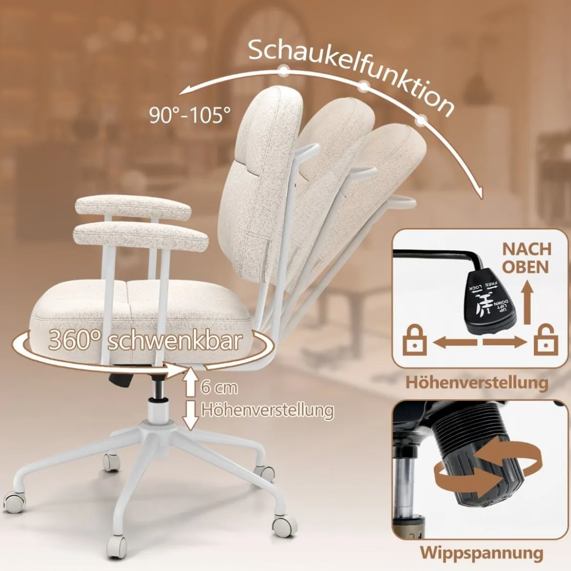 Bürostuhl ergonomischer Drehstuhl mit Armlehnen & Rollen Computerstuhl gepolstert Beige