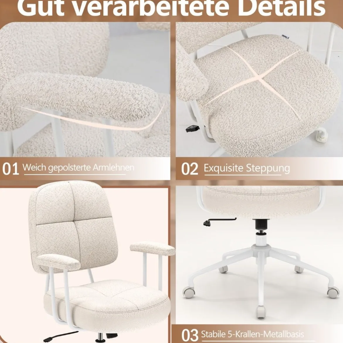 Bürostuhl ergonomischer Drehstuhl mit Armlehnen & Rollen Computerstuhl gepolstert Beige
