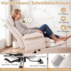 Bürostuhl Ergonomisch Höhenverstellbarer Chefsessel mit 5 Rollen & Ausziehbarer Fußstütze Weiß