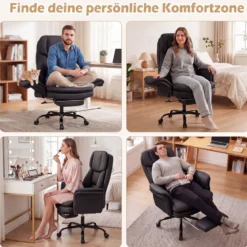 Bürostuhl Ergonomisch Höhenverstellbarer Chefsessel mit 5 Rollen & Ausziehbarer Fußstütze Schwarz