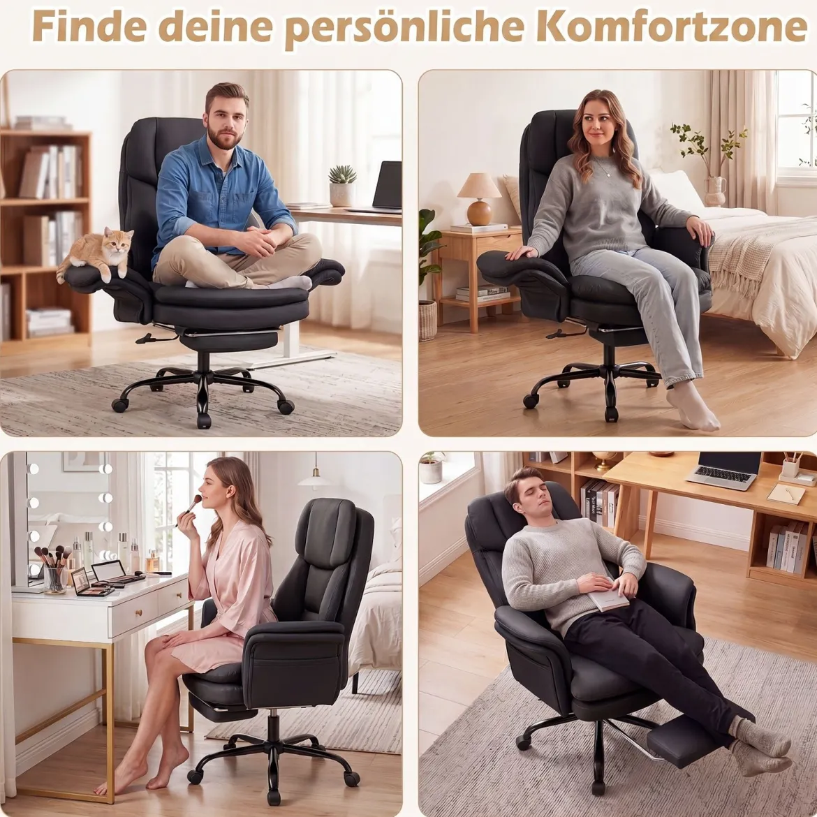 Bürostuhl Ergonomisch Höhenverstellbarer Chefsessel mit 5 Rollen & Ausziehbarer Fußstütze Schwarz