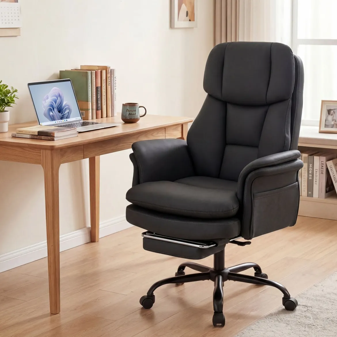 Bürostuhl Ergonomisch Höhenverstellbarer Chefsessel mit 5 Rollen & Ausziehbarer Fußstütze Schwarz