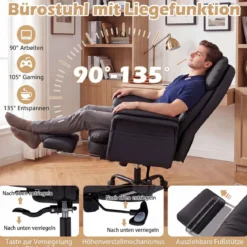 Bürostuhl Ergonomisch Höhenverstellbarer Chefsessel mit 5 Rollen & Ausziehbarer Fußstütze Schwarz