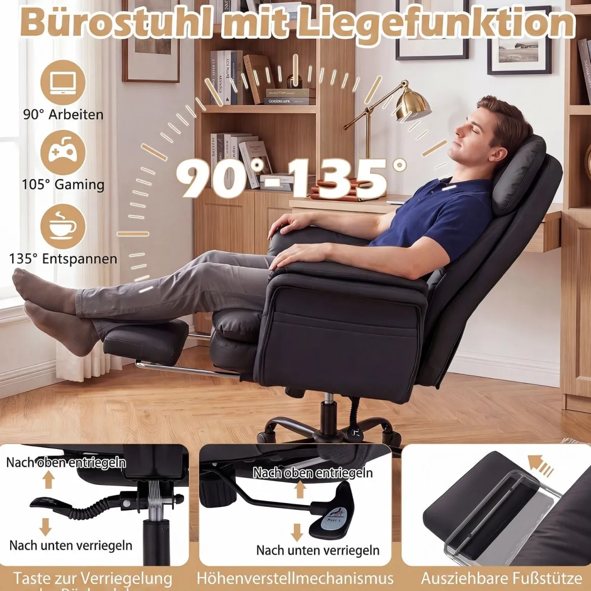 Bürostuhl Ergonomisch Höhenverstellbarer Chefsessel mit 5 Rollen & Ausziehbarer Fußstütze Schwarz