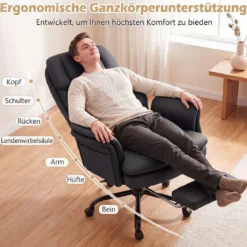 Bürostuhl Ergonomisch Höhenverstellbarer Chefsessel mit 5 Rollen & Ausziehbarer Fußstütze Schwarz
