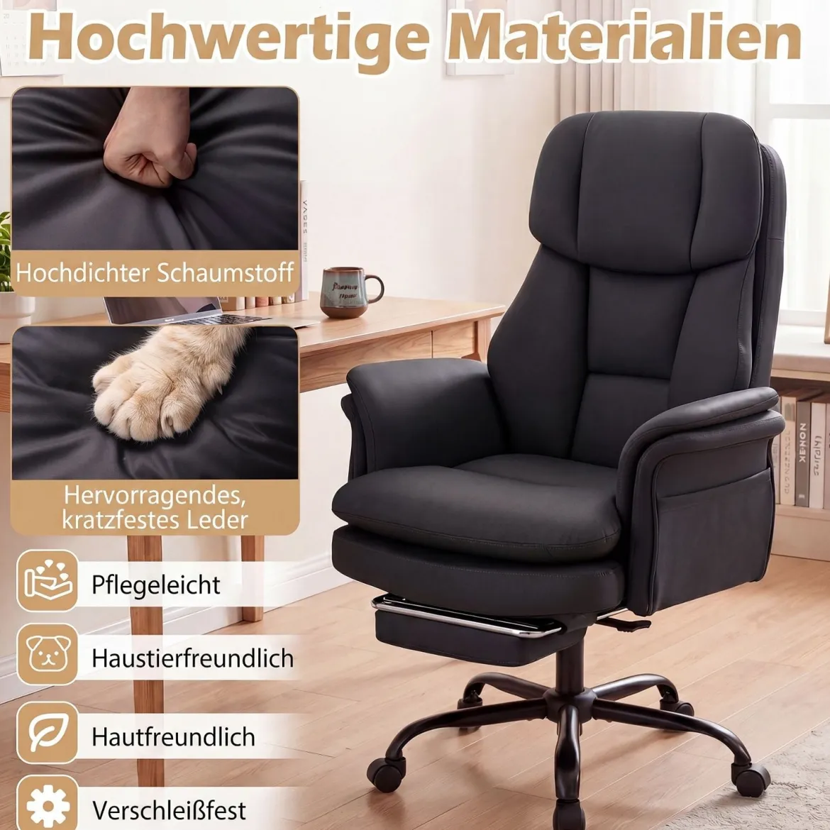 Bürostuhl Ergonomisch Höhenverstellbarer Chefsessel mit 5 Rollen & Ausziehbarer Fußstütze Schwarz