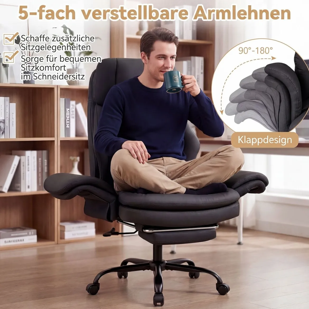 Bürostuhl Ergonomisch Höhenverstellbarer Chefsessel mit 5 Rollen & Ausziehbarer Fußstütze Schwarz