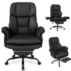 Bürostuhl Ergonomisch Höhenverstellbarer Chefsessel mit 5 Rollen & Ausziehbarer Fußstütze Schwarz
