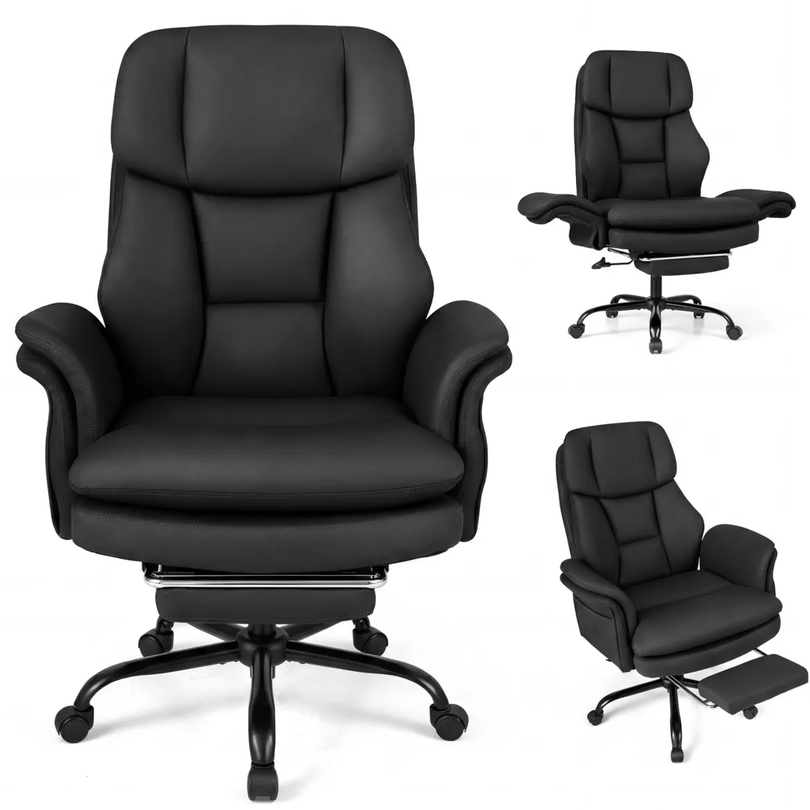 Bürostuhl Ergonomisch Höhenverstellbarer Chefsessel mit 5 Rollen & Ausziehbarer Fußstütze Schwarz