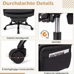 Bürostuhl Ergonomisch Höhenverstellbarer Chefsessel mit 5 Rollen & Ausziehbarer Fußstütze Schwarz