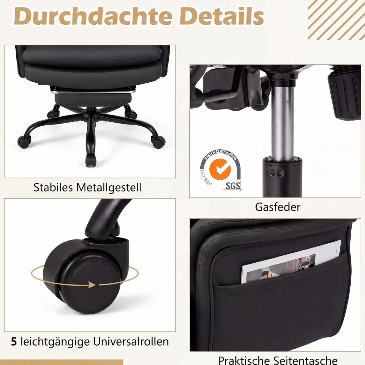 Bürostuhl Ergonomisch Höhenverstellbarer Chefsessel mit 5 Rollen & Ausziehbarer Fußstütze Schwarz