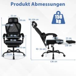 Bürostuhl ergonomisch mit einziehbarer Fußstütze Schreibtischstuhl mit Verstellbarer Rückenlehne Drehstuhl für Zuhause