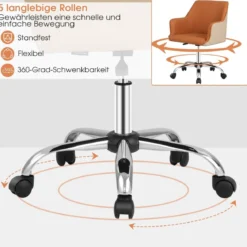 Bürostuhl für Zuhause aus Kunstleder mit 5 Rädern Drehstuhl mit Rückenlehne Braun