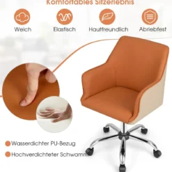 Bürostuhl für Zuhause aus Kunstleder mit 5 Rädern Drehstuhl mit Rückenlehne Braun