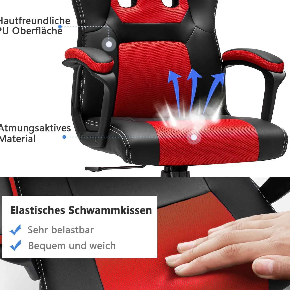 Bürostuhl mit höhenverstellbarem Sitz PC Gaming-Stuhl Ergonomisch Rot
