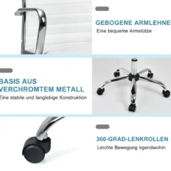 Bürostuhl mit hoher Lehne ergonomischer Computerstuhl Rückenlehne 55 x 60 x 95-105 cm Weiß