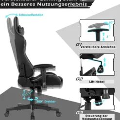 Bürostuhl mit Lendenkissen & Kopfstütze Ergonomischer Gaming Stuhl Schwarz + Grau