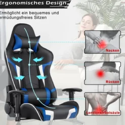 Bürostuhl mit Lendenkissen & Kopfstütze Ergonomischer Gaming Stuhl Schwarz + Blau