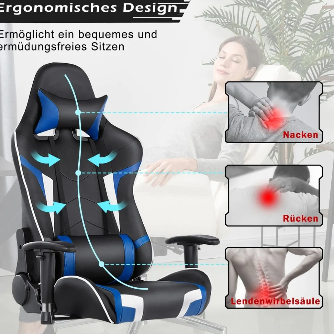 Bürostuhl mit Lendenkissen & Kopfstütze Ergonomischer Gaming Stuhl Schwarz + Blau