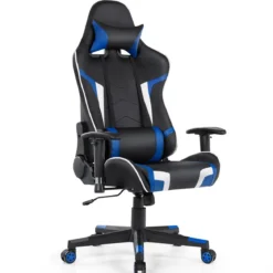 Bürostuhl mit Lendenkissen & Kopfstütze Ergonomischer Gaming Stuhl Schwarz + Blau