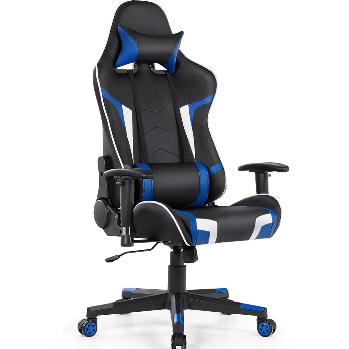 Bürostuhl mit Lendenkissen & Kopfstütze Ergonomischer Gaming Stuhl Schwarz + Blau