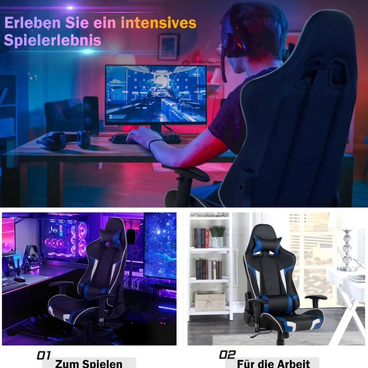 Bürostuhl mit Lendenkissen & Kopfstütze Ergonomischer Gaming Stuhl Schwarz + Blau