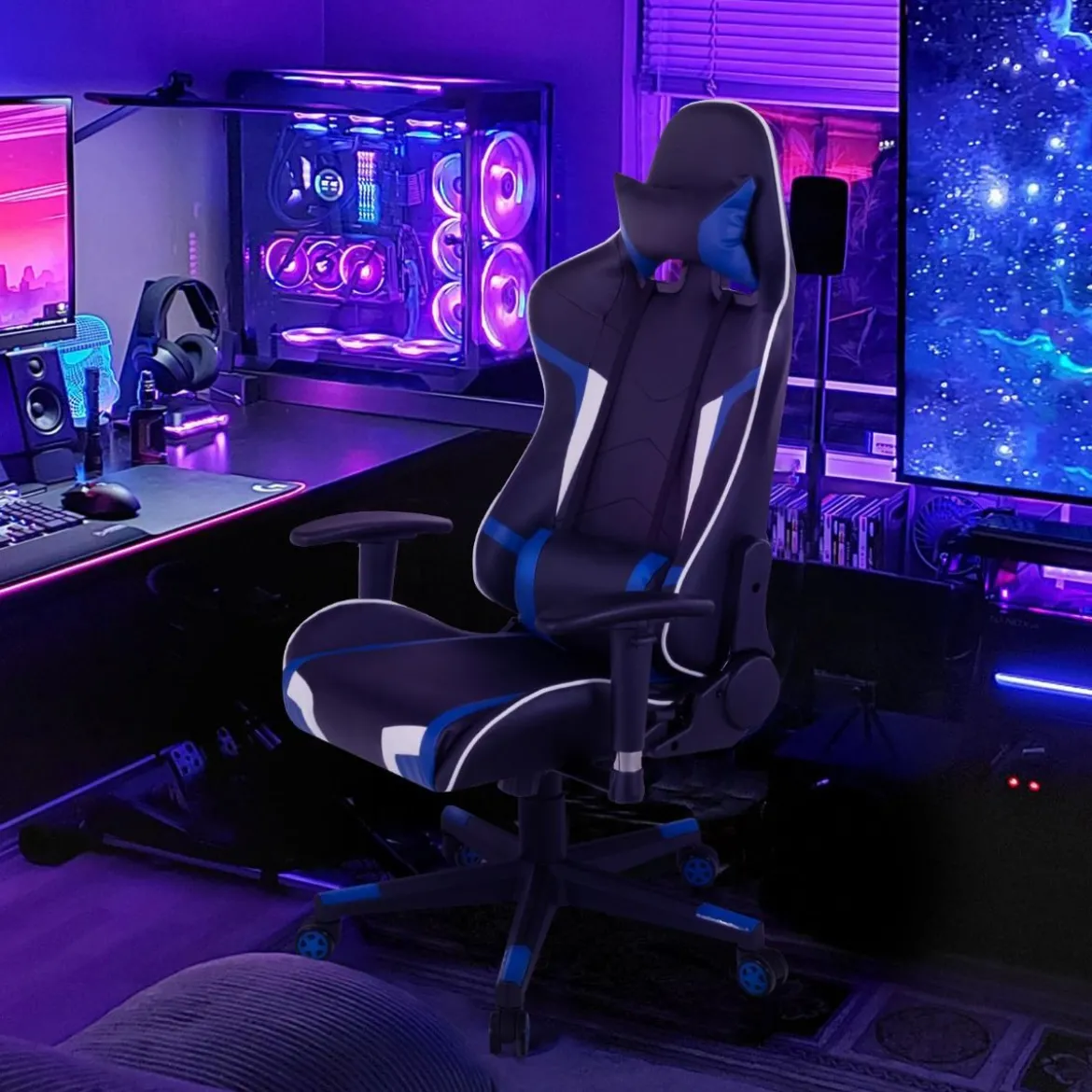 Bürostuhl mit Lendenkissen & Kopfstütze Ergonomischer Gaming Stuhl Schwarz + Blau