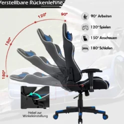 Bürostuhl mit Lendenkissen & Kopfstütze Ergonomischer Gaming Stuhl Schwarz + Blau