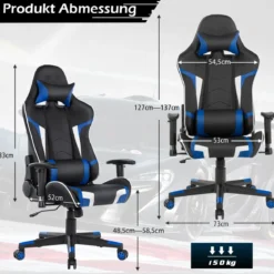 Bürostuhl mit Lendenkissen & Kopfstütze Ergonomischer Gaming Stuhl Schwarz + Blau