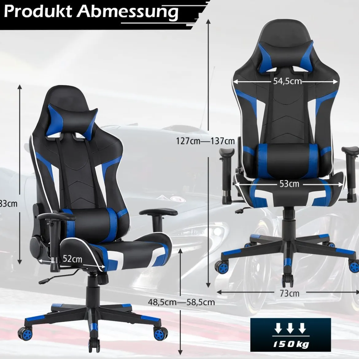 Bürostuhl mit Lendenkissen & Kopfstütze Ergonomischer Gaming Stuhl Schwarz + Blau