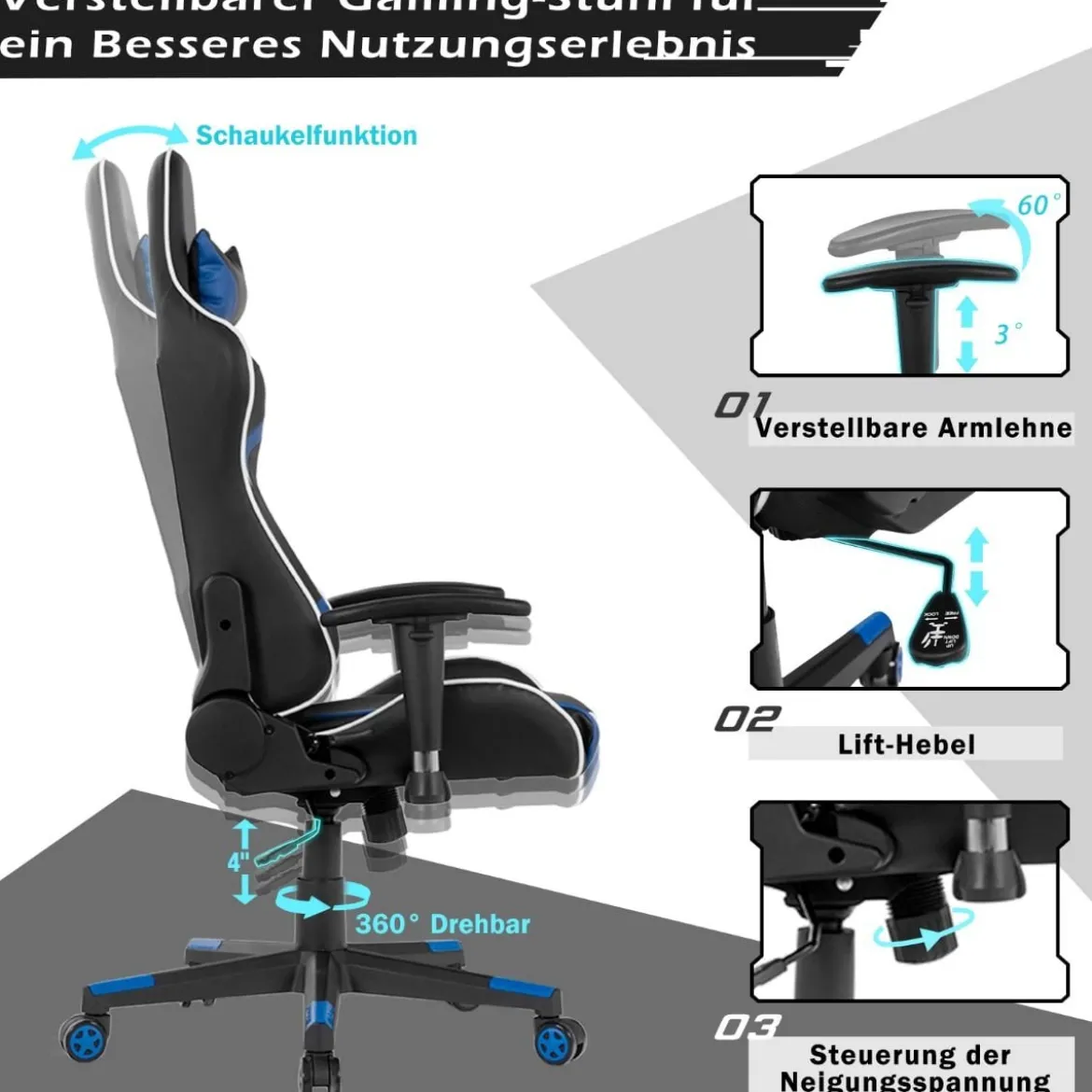 Bürostuhl mit Lendenkissen & Kopfstütze Ergonomischer Gaming Stuhl Schwarz + Blau