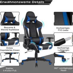 Bürostuhl mit Lendenkissen & Kopfstütze Ergonomischer Gaming Stuhl Schwarz + Blau