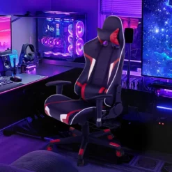 Bürostuhl mit Lendenkissen & Kopfstütze Ergonomischer Gaming Stuhl Schwarz + Rot