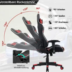 Bürostuhl mit Lendenkissen & Kopfstütze Ergonomischer Gaming Stuhl Schwarz + Rot