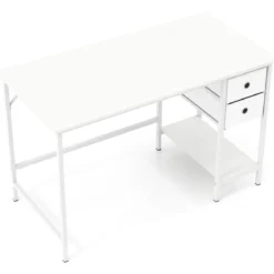Bürotisch Computertisch mit 2 Stoffschubladen & Regal Arbeitstisch mit Metallrahmen Weiß 120 x 60 x 75cm