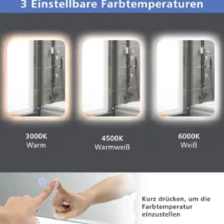 Bruchsicherer Wandspiegel mit Dimmbaren 3 Farbtemperaturen IP44 80 x 60 cm