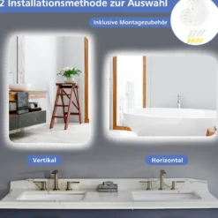 Bruchsicherer Wandspiegel mit Dimmbaren 3 Farbtemperaturen IP44 80 x 60 cm