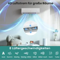 9000 BTU (2,6 kW) Mini Split Klimaanlage A++ Energieeffizientes Klimagerät mit Wärmepumpensystem für Räume bis zu 42㎡ Weiß