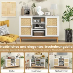 Buffetschrank aus Holz Küchenschrank mit 2 Bambustüren & 3 offenen Regalen 120 x 35 x 78 cm Natur + Weiß