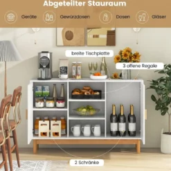 Buffetschrank aus Holz Küchenschrank mit 2 Bambustüren & 3 offenen Regalen 120 x 35 x 78 cm Natur + Weiß