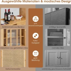 Buffetschrank mit Aufsatz Küchenschrank Bambus 120 x 35 x 175 cm Naur